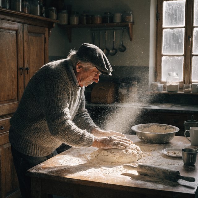 Documentary photo of a home kitchen mid-morning, flour dust in a shaft of window light, an older man kneading dough, natural light only. — Recraft v4