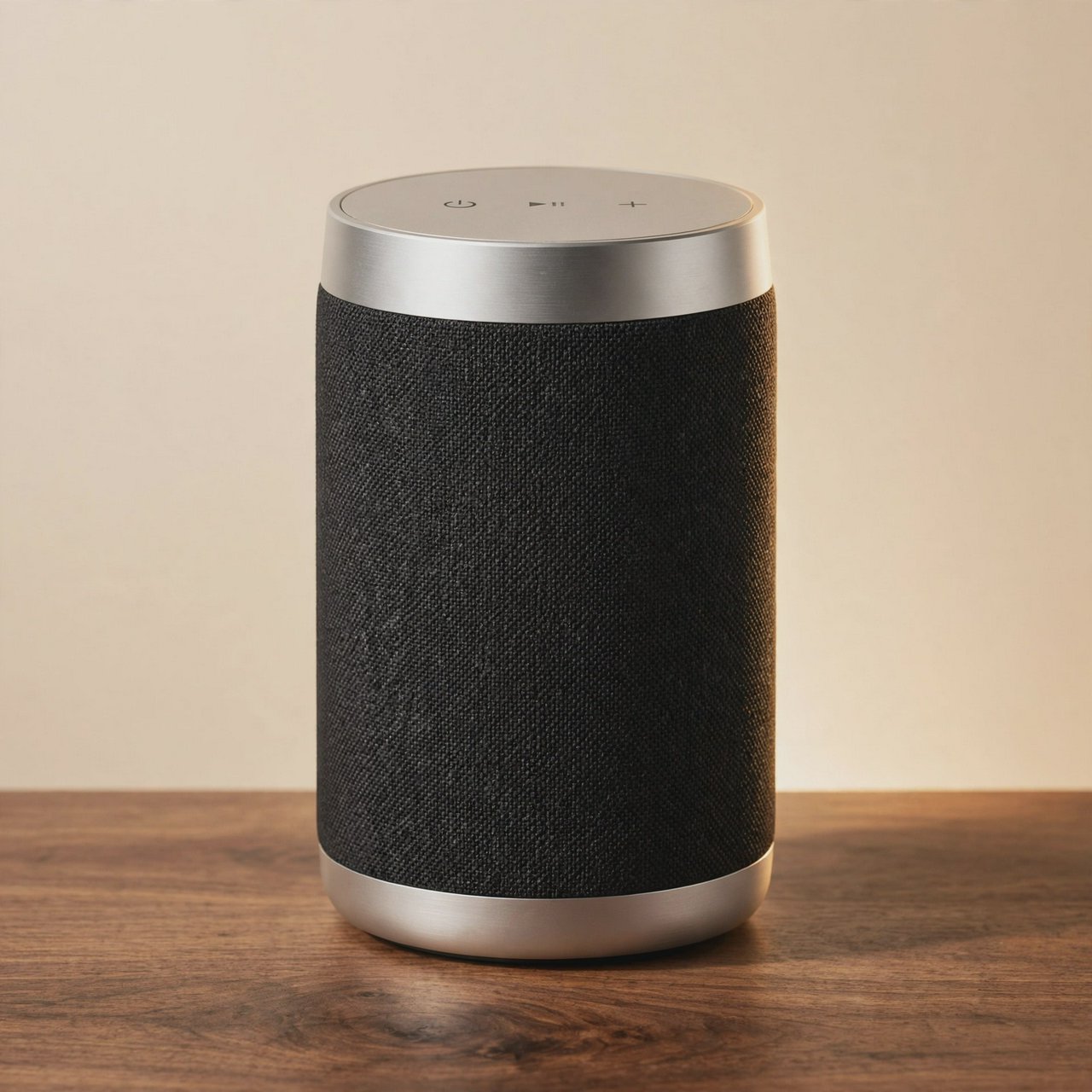 Commercial product photograph of an unbranded wireless speaker made from textured black fabric and satin aluminum, placed on a walnut tabletop against a warm cream background, illuminated by a large softbox and subtle backlight. — Muse Image 1.0