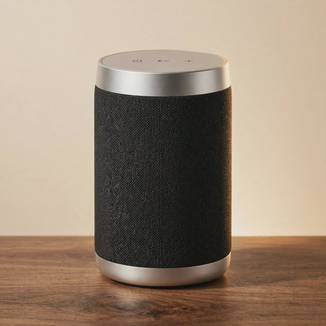 Commercial product photograph of an unbranded wireless speaker made from textured black fabric and satin aluminum, placed on a walnut tabletop against a warm cream background, illuminated by a large softbox and subtle backlight. — Muse Image 1.0