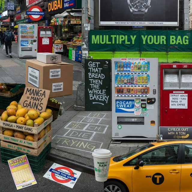 Messages and words related to making a ton of money, hidden in plain sight around the world. — Grok Imagine Image Quality
