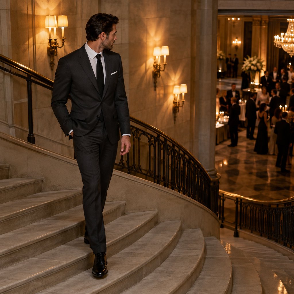 A tall adult man in a charcoal evening suit pauses halfway down a sweeping hotel staircase, caught glancing toward the ballroom as amber sconces cast sculpted light across stone; crisp tailoring and composed fashion-magazine polish. — GPT Image 2.5 Flare