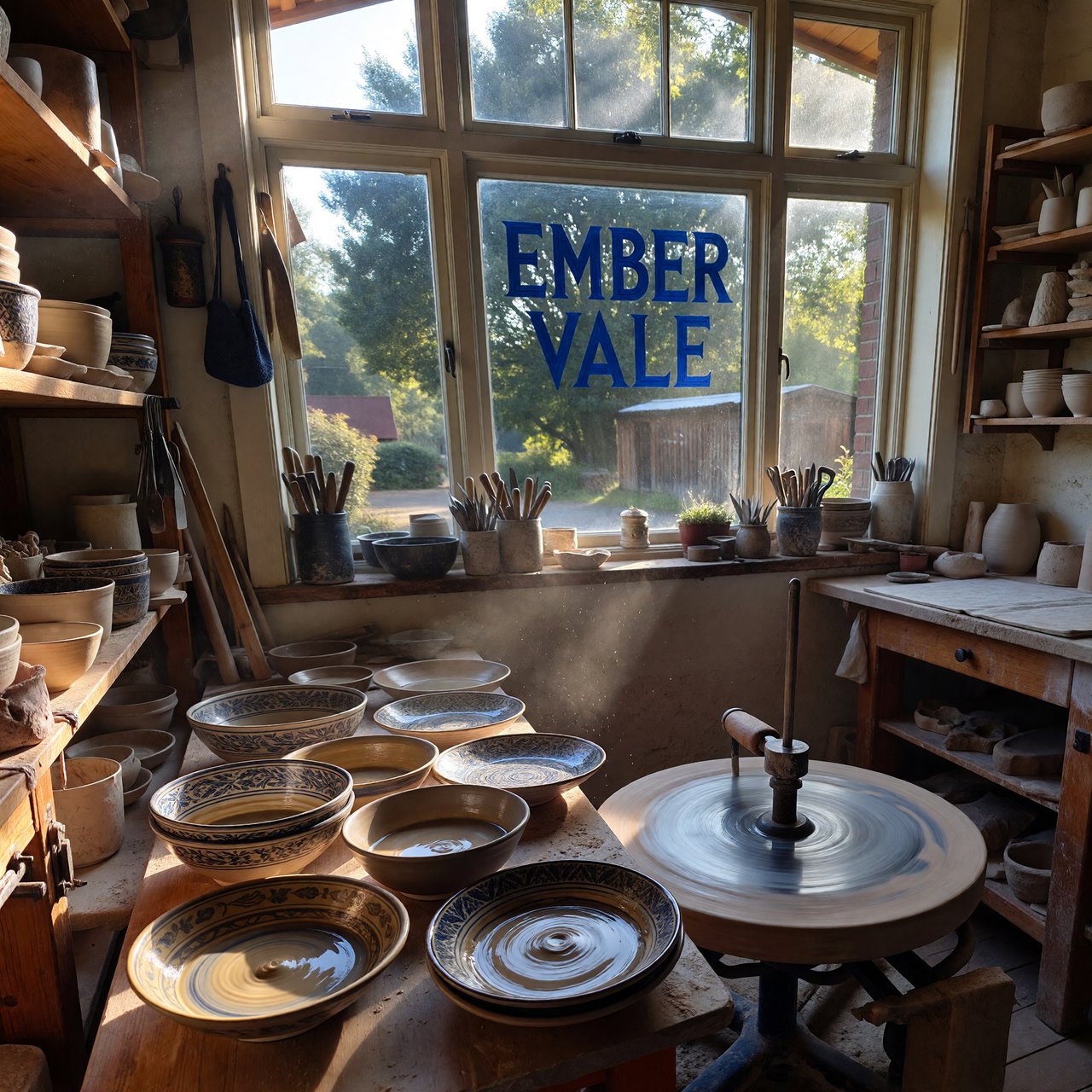 Inside a sunlit ceramics studio, glazed bowls dry beside a turning wheel and shelves of clay tools; "EMBER VALE" is painted in cobalt capitals on the front window. — ImagineArt 1.5 Pro