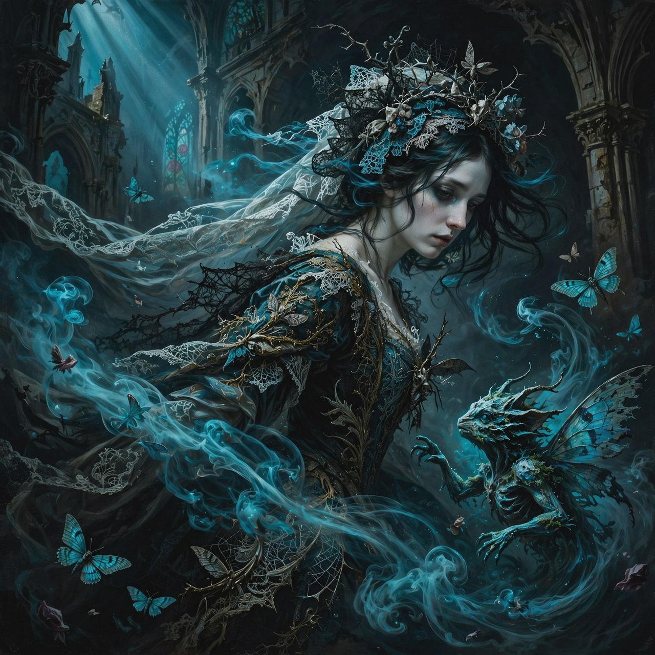 Baroque-style digital dark fantasy and cinematic Gothic horror; painterly realism, chiaroscuro à la Caravaggio; cool color palette of blues and turquoises, deep black shadows; swirling magical smoke, dynamic diagonal composition; intricate lace fabrics, detailed skin and creature textures; volumetric lighting, elegant, fluid movement; fantasy book cover illustration; dramatic storytelling, atmospheric depth. Gothic bride — Muse Image 1.0