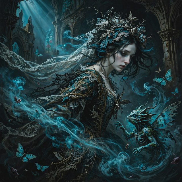 Baroque-style digital dark fantasy and cinematic Gothic horror; painterly realism, chiaroscuro à la Caravaggio; cool color palette of blues and turquoises, deep black shadows; swirling magical smoke, dynamic diagonal composition; intricate lace fabrics, detailed skin and creature textures; volumetric lighting, elegant, fluid movement; fantasy book cover illustration; dramatic storytelling, atmospheric depth. Gothic bride — Muse Image 1.0