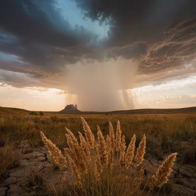 Across a tawny prairie basin, a rotating thunderstorm gathers in the late afternoon beneath bruised clouds, rain veiling distant buttes; seed heads and cracked earth in the foreground contrast with ridges softened by the advancing downpour. — Kling v3