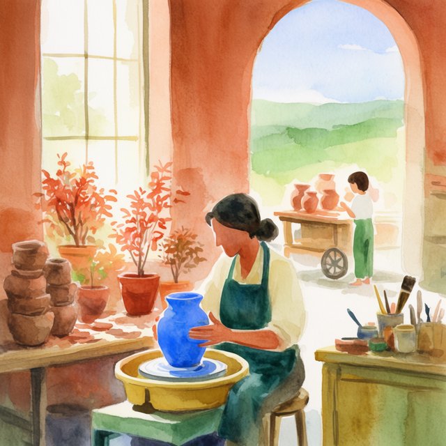 Watercolour illustration of an adult ceramicist shaping a luminous blue vessel beside an open workshop window, surrounded by clay tools, potted herbs, and sunlit terracotta walls. Palette of cobalt, ochre, sage, and cream, with soft flowing brushwork. — Krea 2 Large