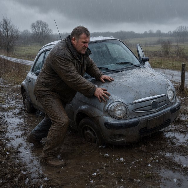 A man is pushing his car, which is stuck in the mud, amid heavy rain in the countryside. The sky is gloomy, and some hail is also falling on the car and the ground. The big man has mud all over his trousers. Show him struggling. — Qwen Image 3.0