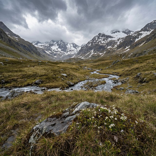 A windswept alpine meadow beneath heavy morning clouds, fresh rain darkening the grasses, a braided stream winding toward distant snowcapped peaks, tiny wildflowers and wet stones sharpening the foreground texture and layered depth. — Qwen Image 3.0 Pro
