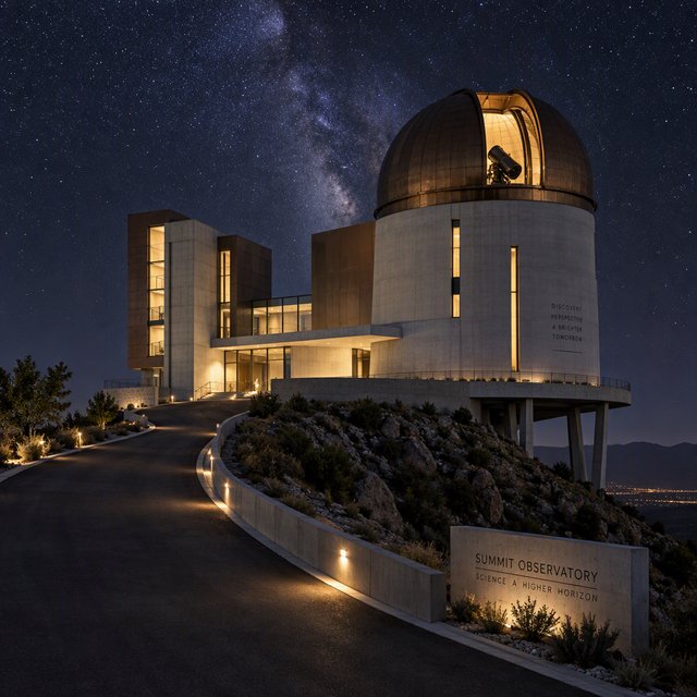 A hilltop observatory in spare contemporary architecture glows against the midnight sky, its pale concrete walls, bronze panels, and narrow windows lit from within; viewed from the access road, crisp edges and credible structural supports. — GPT Image 2.5 Sunburst