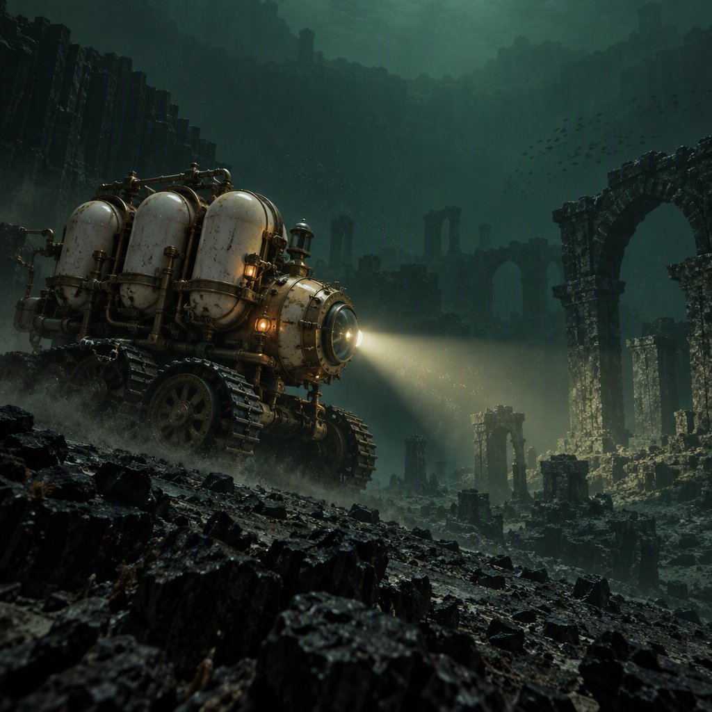 A brass-and-ceramic deep-sea crawler with arched pressure tanks trundles across the floor of a sunken obsidian caldera. Its searchlight cuts through green silt, revealing ruined stone arches far below the surface. — GPT Image 2.5 Sunburst