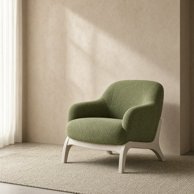 In a quiet reading-room corner, an unbranded lounge chair pairs a curved ash frame with nubby moss-green wool upholstery, set on a pale jute rug before a warm plaster wall; broad window diffusion and soft bounce shape this commercial product image, with no lettering. — Grok Imagine Image 2