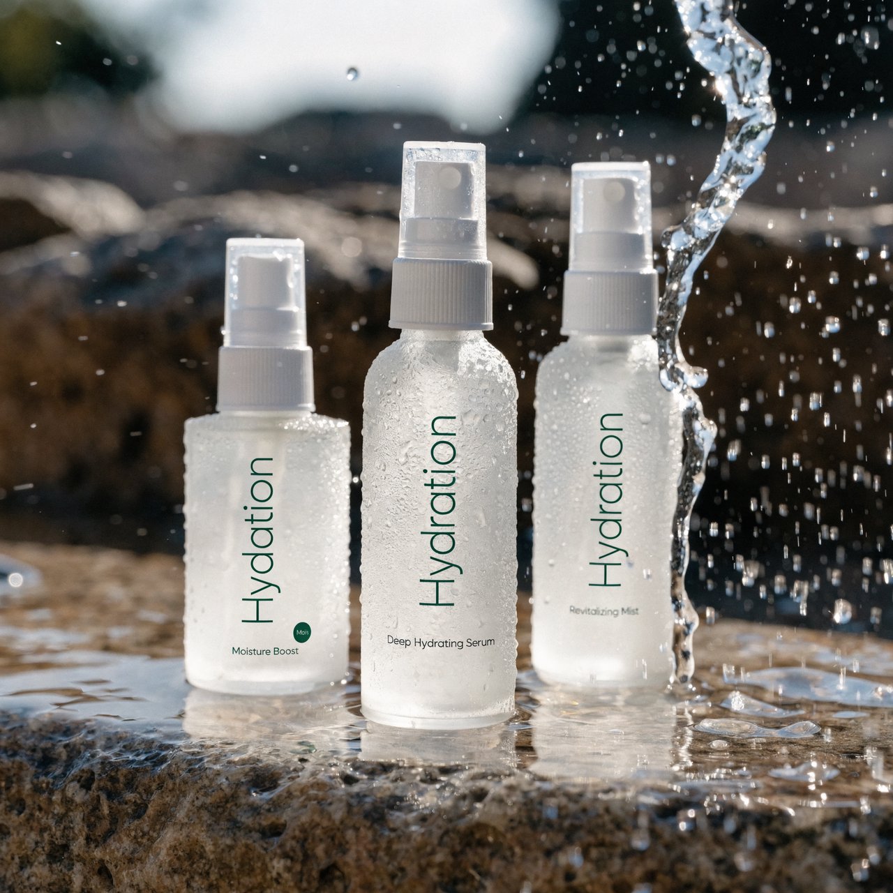 Three frosted glass skincare bottles on a wet stone surface with a splash of water, morning light, shallow depth of field. — Recraft v4 Pro