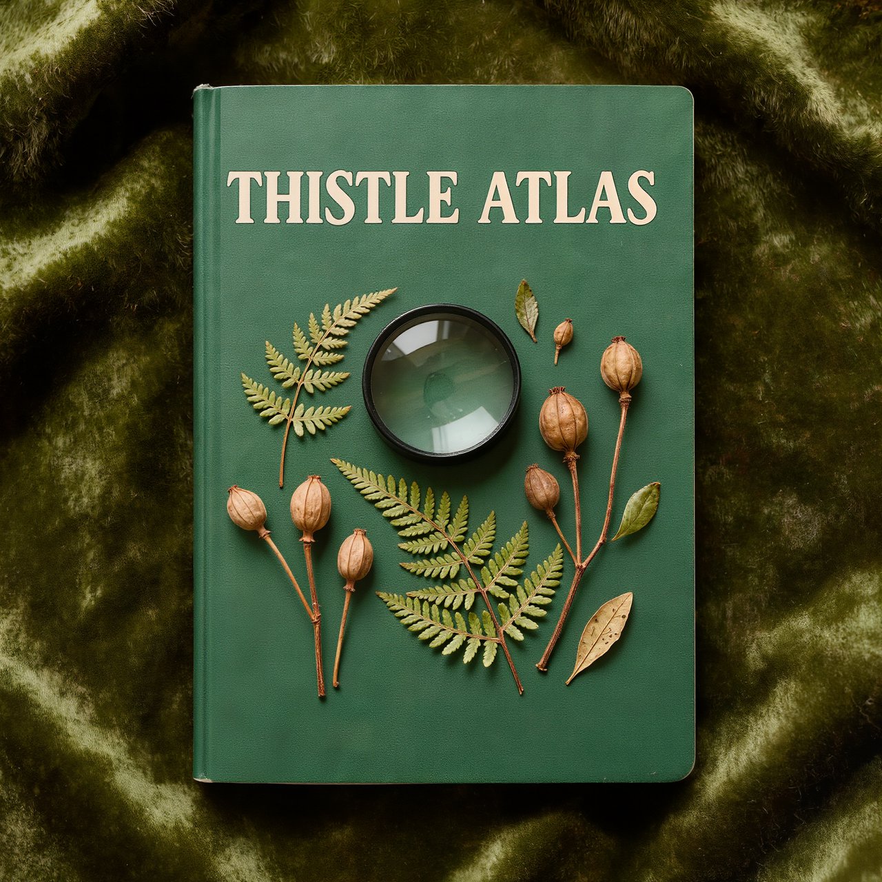 Pressed fern fronds, seed pods, and a magnifying lens frame a naturalist’s field-guide book cover on moss-green cloth; “THISTLE ATLAS” spans the upper third in hand-cut ivory serif capitals, with no other legible writing. — Kling v3