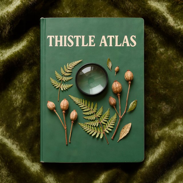 Pressed fern fronds, seed pods, and a magnifying lens frame a naturalist’s field-guide book cover on moss-green cloth; “THISTLE ATLAS” spans the upper third in hand-cut ivory serif capitals, with no other legible writing. — Model 9