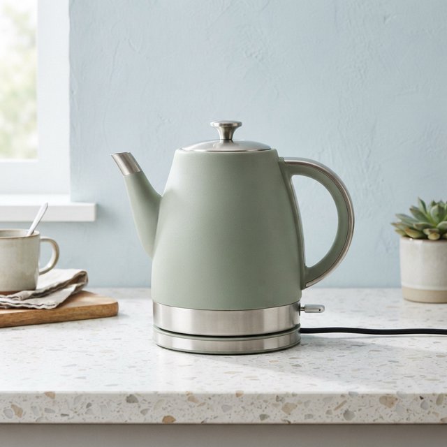 Commercial product photograph of an unbranded electric kettle made from matte sage ceramic and brushed stainless steel, resting on a white terrazzo surface against a pale blue background, with soft window light from the left and a delicate grounding shadow. — Nano Banana 2 Lite