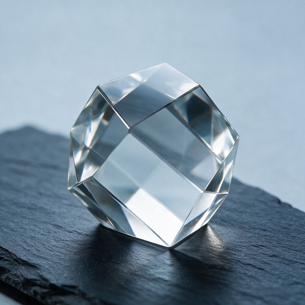 An unbranded, unmarked faceted optical-glass paperweight rests on charcoal slate against a pale blue-gray background; broad diffused studio light and a narrow side highlight reveal crisp internal refractions and bright edge reflections. — Seedream 5.0 Pro