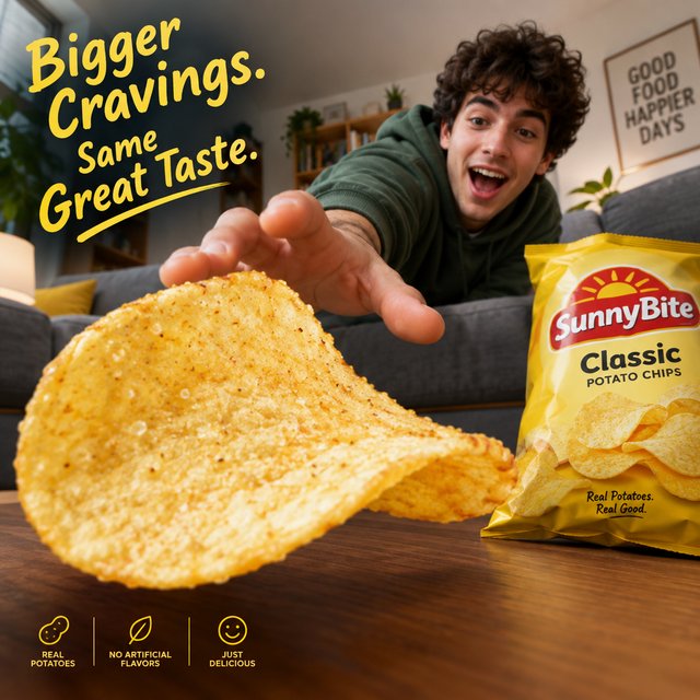 A creative promotional poster for potato chips featuring a forced perspective effect. — GPT Image 2.5 Flare