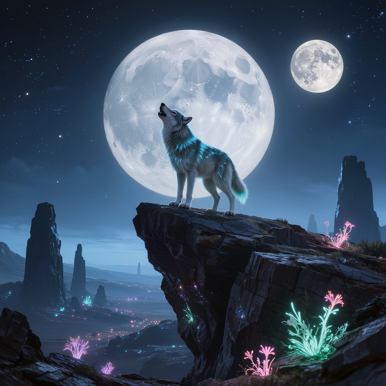 A solitary wolf, its fur subtly infused with shimmering, bio-luminescent patterns, howling at a sky filled with twin moons. The wolf stands on a cliff overlooking a vast, alien landscape dotted with strange, glowing rock formations and spectral, phosphorescent vegetation. — Kling v3