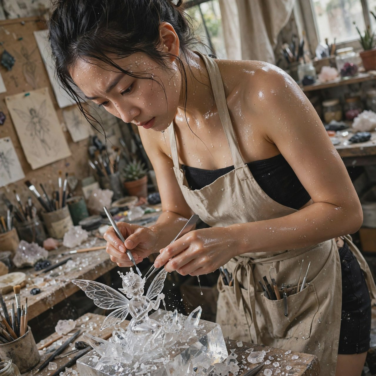 A pulchritudinous, gorgeous, exotic East Asian beauty, aged 24, inside an atelier, wearing a loose workshop apron, a tube top, and hot pants. Sweating profusely, she remains concentrated. She has a focused posture and expression as she looks at the crystalline object in the foreground that she is sculpting into a small, detailed fairy with high precision and clarity. Three-quarter-body mid-shot, Dutch angle. — Muse Image 1.0