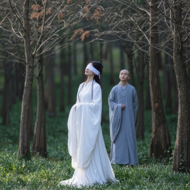 A beautiful young adult woman in flowing white hanfu stands quietly in a sparse forest, blindfolded with a soft white cloth. Grass surrounds her feet, and the scene feels calm, mysterious, and poetic. A few steps behind her stands a young adult male Taoist in traditional robes, gazing at her with a mesmerized, captivated expression. Gentle natural light filters through the thin trees, creating an ethereal atmosphere. Cinematic, elegant, emotionally evocative. — Kling v3 Omni