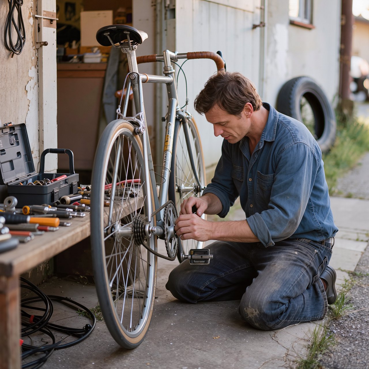 Candid documentary photograph of an adult repairing a bicycle at a quiet curbside workshop, cool morning window light, 50mm lens with shallow depth of field, grease smudges on their fingertips. — Kling v3