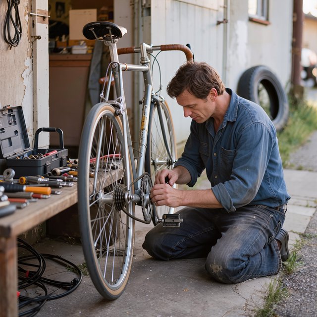 Candid documentary photograph of an adult repairing a bicycle at a quiet curbside workshop, cool morning window light, 50mm lens with shallow depth of field, grease smudges on their fingertips. — Kling v3