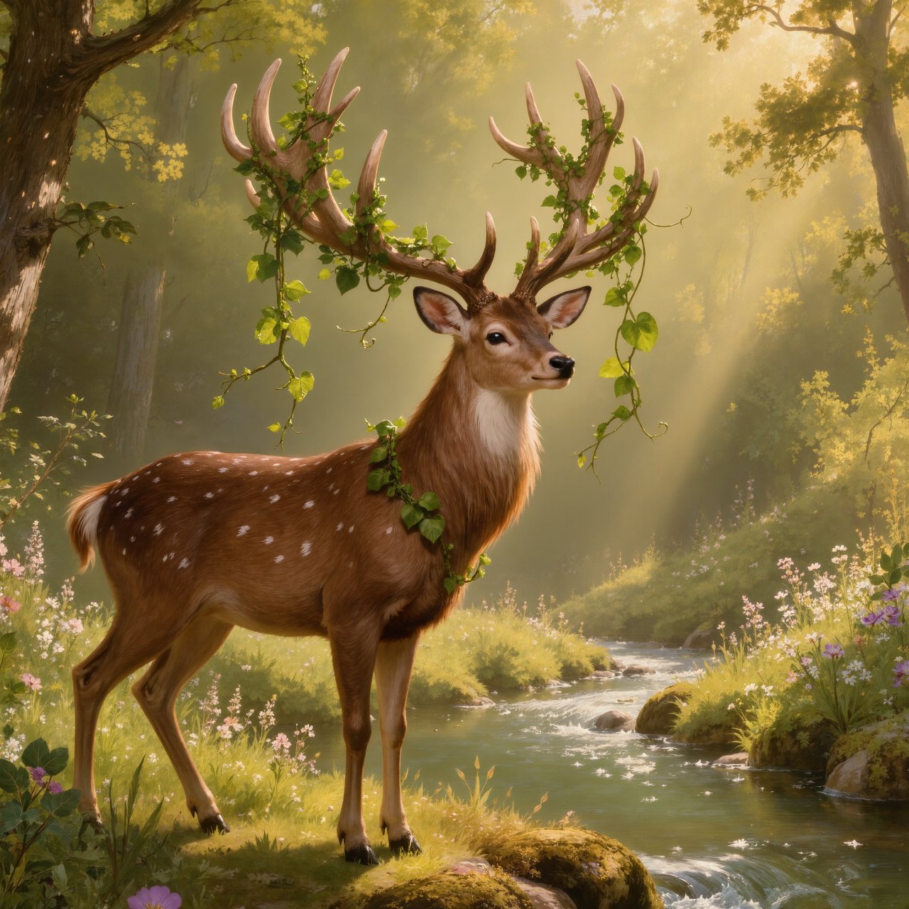 A majestic deer, its antlers intertwined with blooming vines, pauses by a crystal-clear stream in an enchanted glade. Sunlight filters through the canopy, dappling the forest floor. This is an oil painting with a rich, textured surface, capturing the dreamlike atmosphere of the scene. — Kling v3 Omni