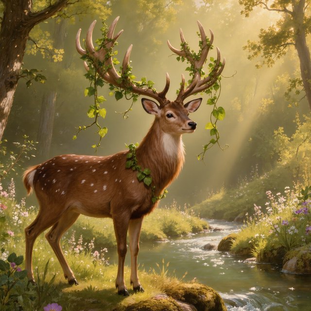 A majestic deer, its antlers intertwined with blooming vines, pauses by a crystal-clear stream in an enchanted glade. Sunlight filters through the canopy, dappling the forest floor. This is an oil painting with a rich, textured surface, capturing the dreamlike atmosphere of the scene. — Kling v3 Omni