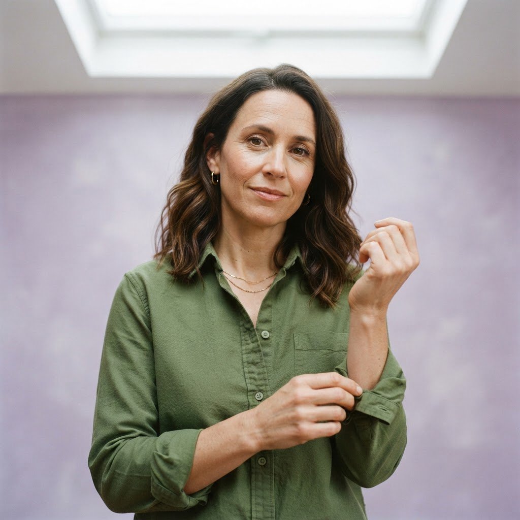 Portrait photograph of an adult woman in her late 30s wearing a moss-green cotton poplin shirt, fingers lightly turning its rolled cuff. Her calm, observant expression faces the camera against a chalky lavender backdrop, lit by soft diffused skylight. — Nano Banana 2 Lite