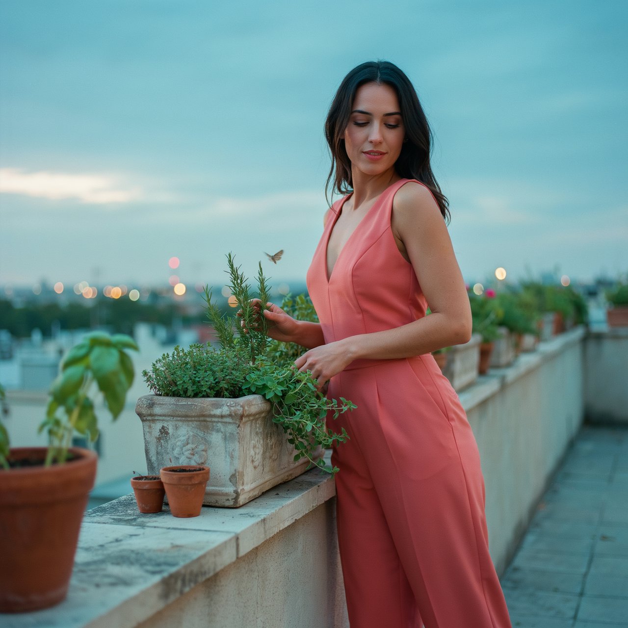Editorial glamour photograph of an adult woman in a tailored coral evening jumpsuit on a rooftop herb garden at blue hour, resting one hand on a stone planter, flattering sunset glow, relaxed expression, city lights softly blurred behind her. — Ideogram v4