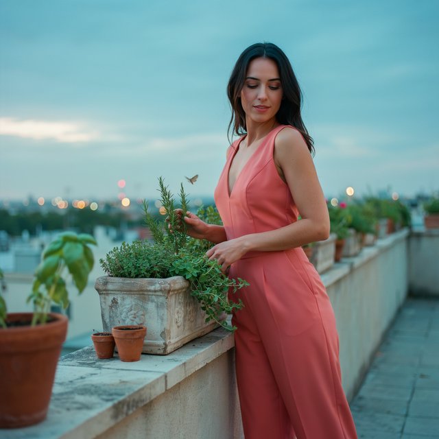 Editorial glamour photograph of an adult woman in a tailored coral evening jumpsuit on a rooftop herb garden at blue hour, resting one hand on a stone planter, flattering sunset glow, relaxed expression, city lights softly blurred behind her. — Ideogram v4