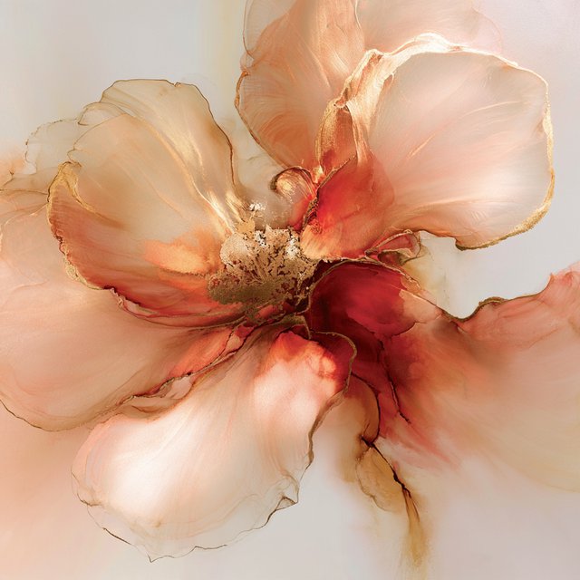 Gently sweeping forms emerge from long, subtle color transitions and soft contours. Bold ink strokes create resilient, confident edges that taper and densify in response to pressure. Raised, polished gold captures directional light in warm, metallic flashes. Luminous, rim-lit gradients blend wet-on-wet into floating patches of color, while a restrained palette of warm ochre, ivory, and deep crimson creates radiant, painterly highlights against a soft, atmospheric background. A flower in the summer wind. — Midjourney V8.2