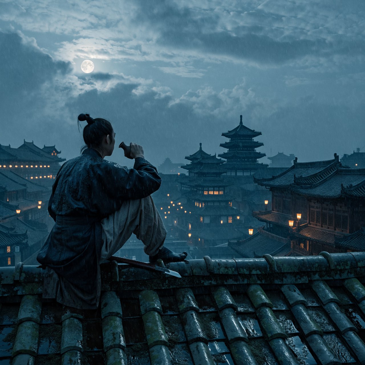 A lone Chinese swordsman sits on a tiled rooftop in ancient China at night, gazing over a lantern-lit city while drinking from a ceramic wine flask, moonlight bathing the quiet scene. — Recraft v4 Pro