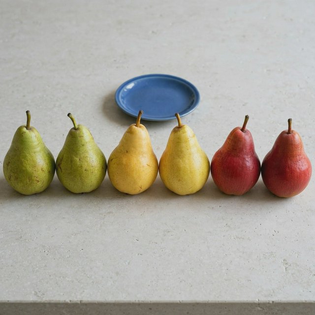 Exactly six ripe pears sit on a pale stone counter: two green pears on the left, two yellow pears in the center, and two red pears on the right. A small blue plate sits above the center pair, nothing else. — Muse Image 1.0