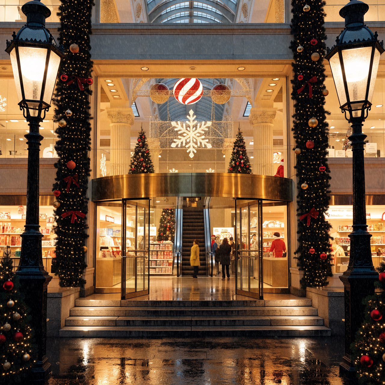 A UK department store in the 1970s at Christmas time. The lighting and decor will be very festive, with staff members dressed in festive outfits. — Recraft v4 Pro
