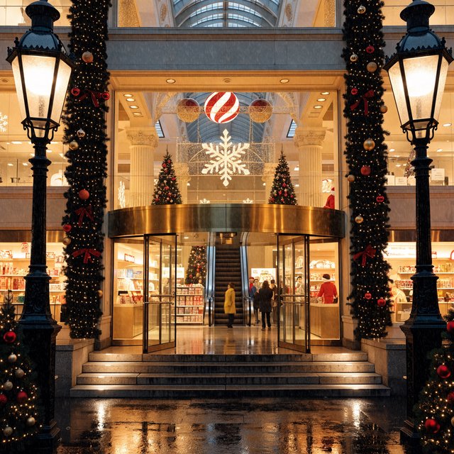 A UK department store in the 1970s at Christmas time. The lighting and decor will be very festive, with staff members dressed in festive outfits. — Recraft v4 Pro
