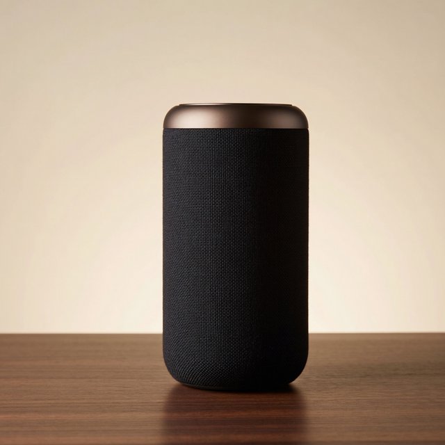 Commercial product photograph of an unbranded wireless speaker made from textured black fabric and satin aluminum, placed on a walnut tabletop against a warm cream background, illuminated by a large softbox and subtle backlight. — ImagineArt 2
