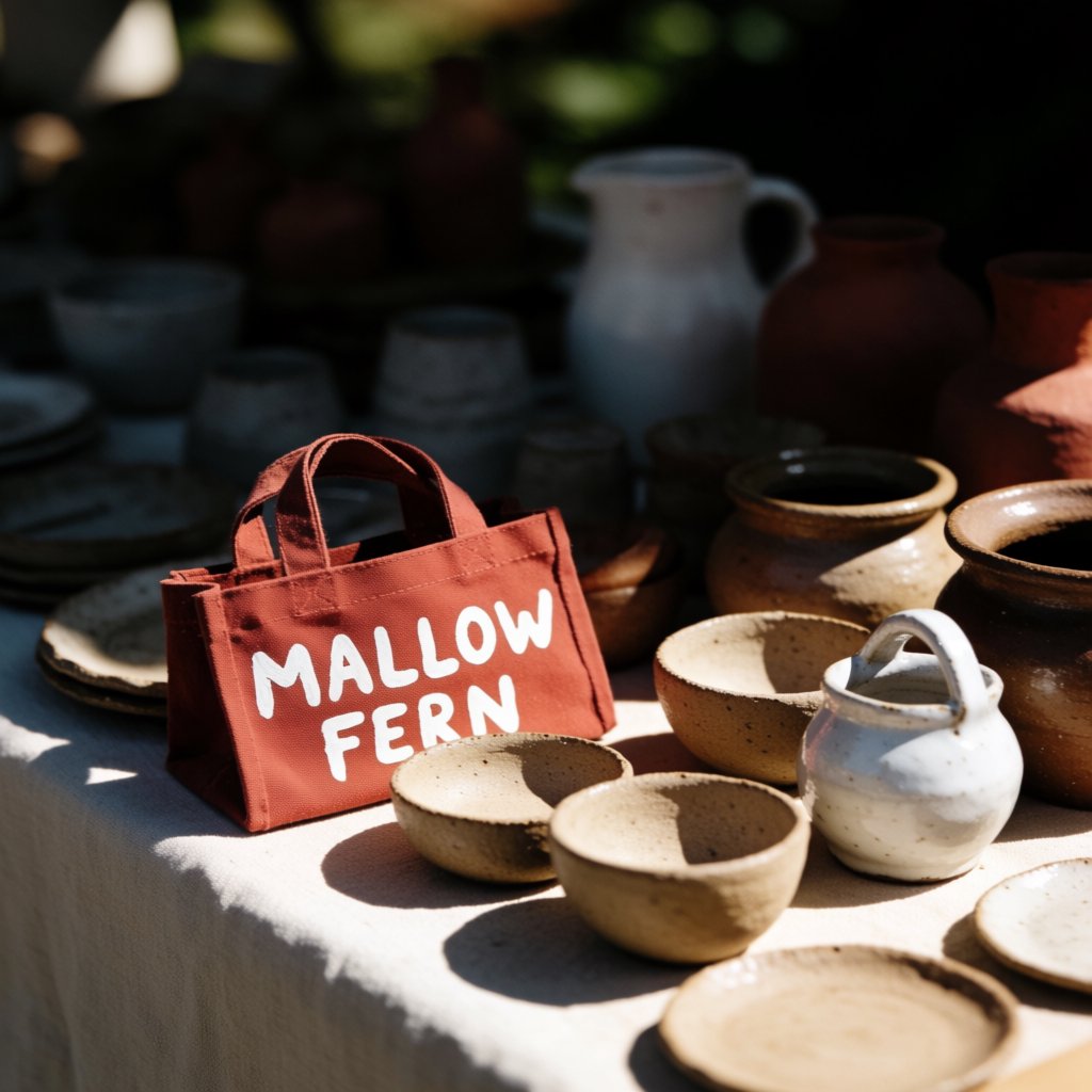 Sunlight pools over a pottery market table, where a rust-red canvas tote rests beside glazed bowls; "MALLOW FERN" is hand-painted in chunky white letters on its front, with no other legible writing. — Krea 2 Medium