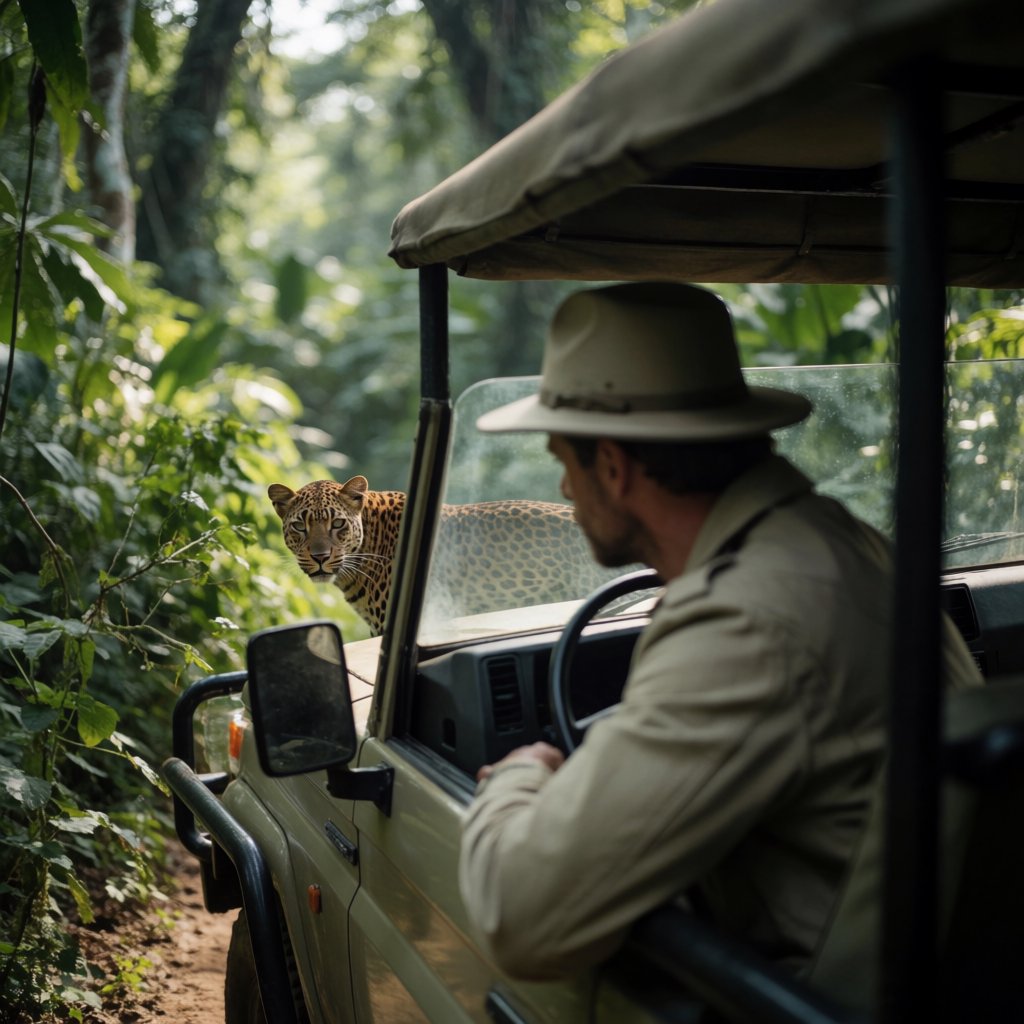 An adult on a jungle safari in his car, with a leopard lurking behind him in the bushes — Krea 2 Medium