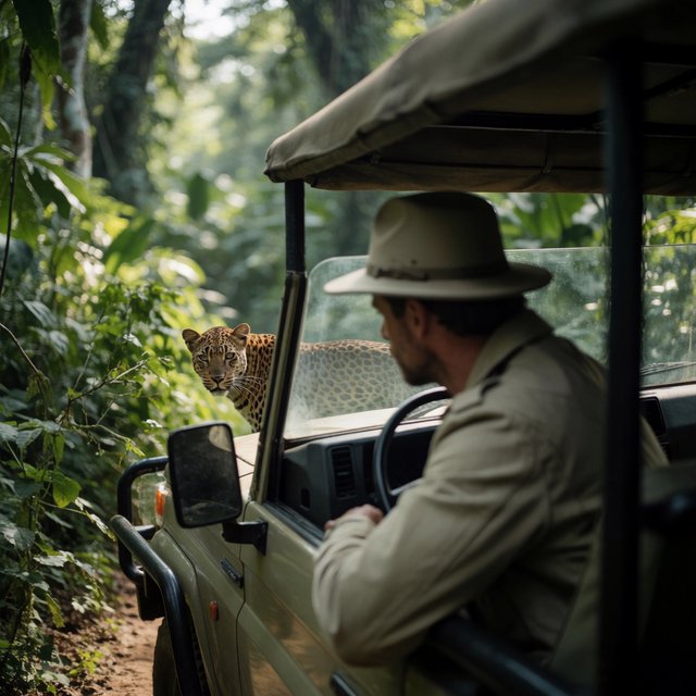 An adult on a jungle safari in his car, with a leopard lurking behind him in the bushes — Krea 2 Medium
