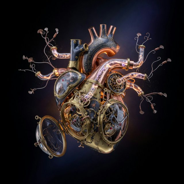 A beautifully intricate mechanical heart floating alone in deep darkness, designed like an exquisite piece of horological sculpture. Its polished brass, copper, and dark steel chambers are partially open, revealing layers of tiny interlocking gears, delicate springs, pistons, and precision mechanisms within. Sections of crystal-clear glass expose deeper workings, while slender tubes carry a faintly glowing fluid through the heart like an artificial bloodstream. Tiny gears turn and pistons move, suggesting that the heart is genuinely functioning. Fine mechanical filaments curl outward like veins and arteries, catching subtle highlights from the warm inner glow. Elegant steampunk aesthetic, dramatic cinematic lighting, rich metallic textures, intricate reflections, mysterious atmosphere. — Grok Imagine Image Quality