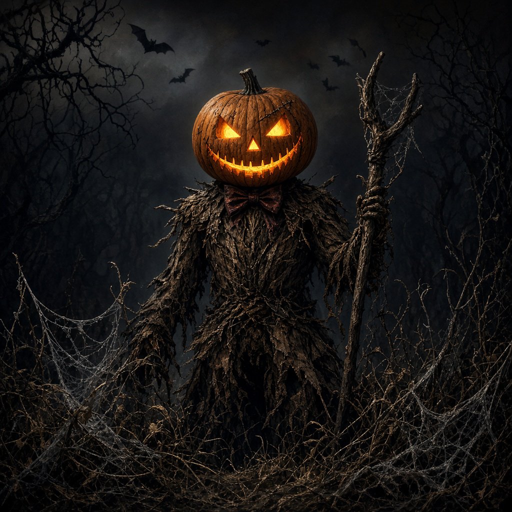Chiaroscuro contrast, inner-lit glows, dense central detail fading into haze and velvety darkness. A pumpkin-headed scarecrow with a jack-o-lantern face, glowing eyes, stitched grin, bow tie, bark torso, and wooden staff stands in a night forest clearing with dry grass, cobwebs, bats, bare branches, — Grok Imagine Image 2
