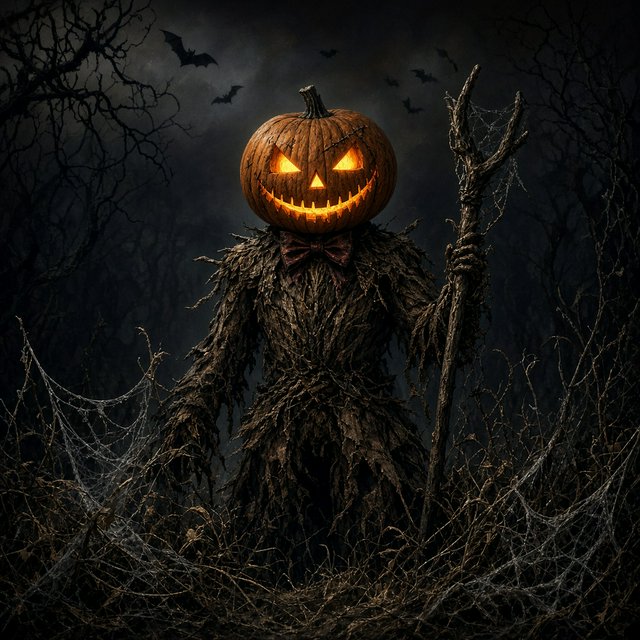Chiaroscuro contrast, inner-lit glows, dense central detail fading into haze and velvety darkness. A pumpkin-headed scarecrow with a jack-o-lantern face, glowing eyes, stitched grin, bow tie, bark torso, and wooden staff stands in a night forest clearing with dry grass, cobwebs, bats, bare branches, — Model 4