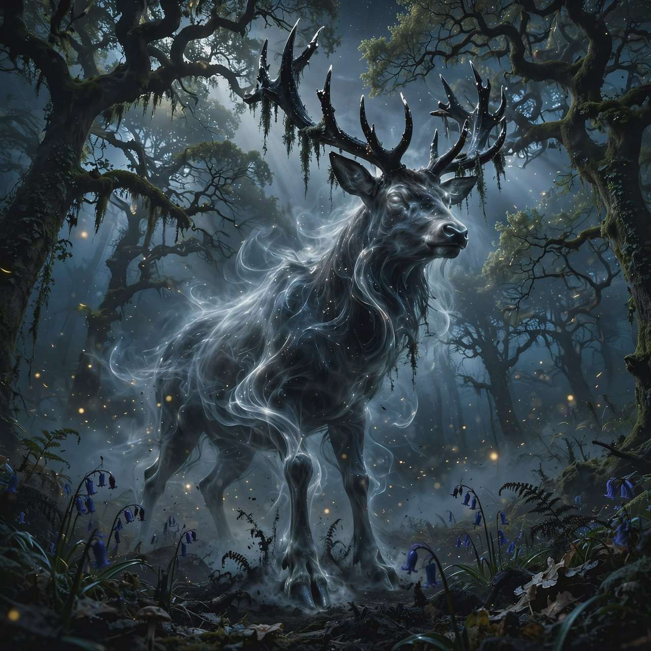 Low-angle wide shot, ancient overgrown oak forest at midnight: a colossal ghost stag looms, its semi-transparent form woven from swirling inky mist threaded with liquid silver moonlight. Polished obsidian antlers cut through shadow, jagged edges catching faint starlight, moss dangling from their points. Heavy hooves press into the loamy forest floor, wild bluebells and ferns curling black and crumbling to ash beneath each step. Hundreds of faint gold fireflies drift slowly through thick volumetric fog, their glows diffused in the haze. Deep indigo and charcoal color palette, somber quiet dread, atmospheric dark fantasy aesthetic, soft dappled moonlight filtering through a gnarled canopy, cinematic depth of field, sharp fine edges on the stag's antlers and decaying foliage. — Muse Image 1.0