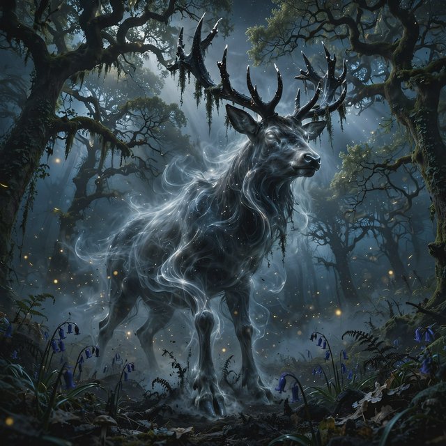 Low-angle wide shot, ancient overgrown oak forest at midnight: a colossal ghost stag looms, its semi-transparent form woven from swirling inky mist threaded with liquid silver moonlight. Polished obsidian antlers cut through shadow, jagged edges catching faint starlight, moss dangling from their points. Heavy hooves press into the loamy forest floor, wild bluebells and ferns curling black and crumbling to ash beneath each step. Hundreds of faint gold fireflies drift slowly through thick volumetric fog, their glows diffused in the haze. Deep indigo and charcoal color palette, somber quiet dread, atmospheric dark fantasy aesthetic, soft dappled moonlight filtering through a gnarled canopy, cinematic depth of field, sharp fine edges on the stag's antlers and decaying foliage. — Muse Image 1.0