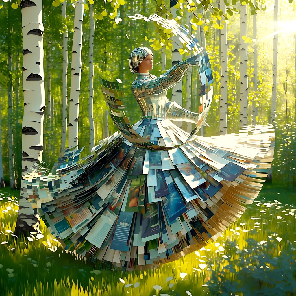 Create an adult odalisque entirely made of anthologies. The odalisque is formed from an anthology, with movement and motion blur that clearly shows its composition. The material should appear high quality, with dappled sunlight. The background is a birch forest, and the overall mood is Futurism. — Midjourney Niji 7