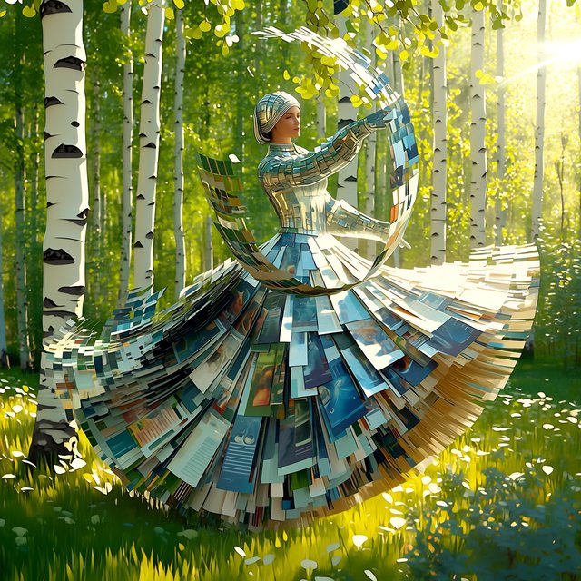 Create an adult odalisque entirely made of anthologies. The odalisque is formed from an anthology, with movement and motion blur that clearly shows its composition. The material should appear high quality, with dappled sunlight. The background is a birch forest, and the overall mood is Futurism. — Midjourney Niji 7