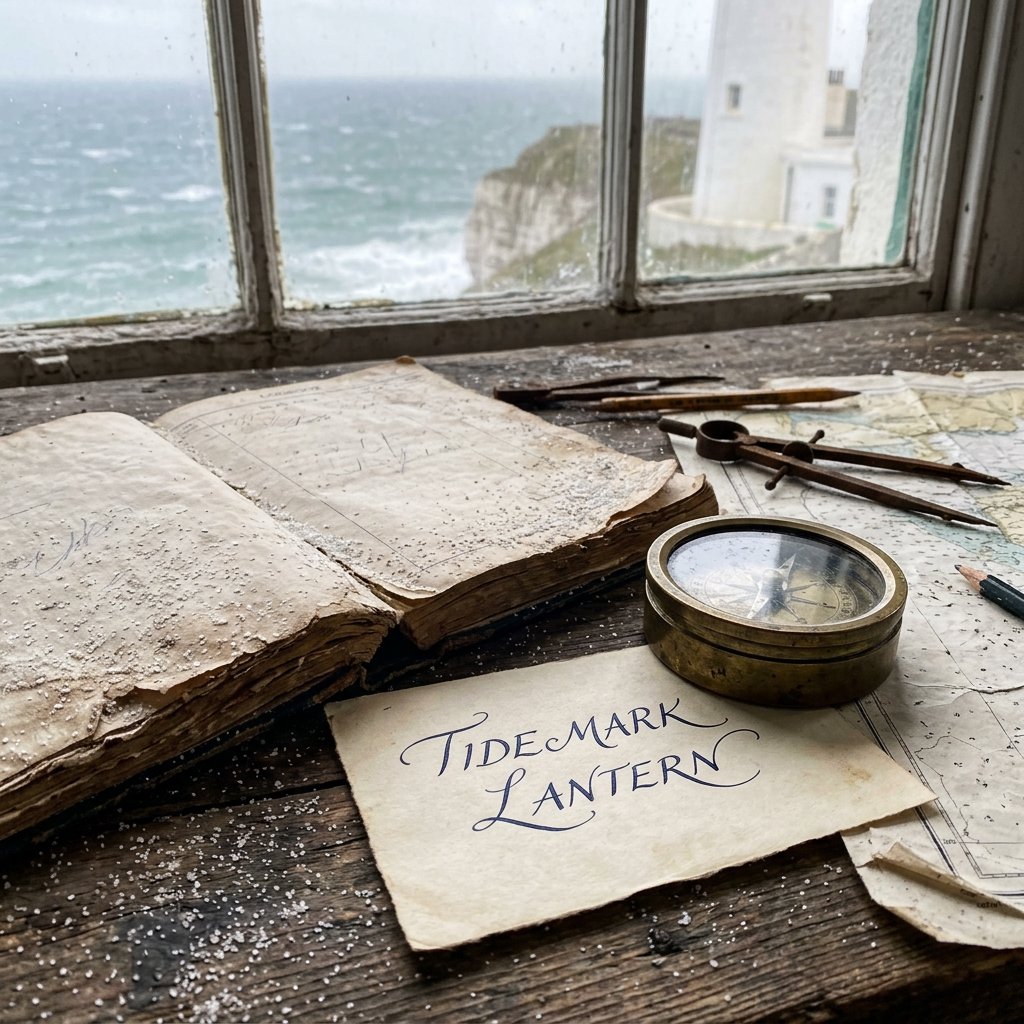 Beside a cliffside lighthouse, a salt-speckled logbook lies open on a chart table; "TIDEMARK LANTERN" is handwritten in looping dark-blue ink across a cream note tucked beneath the compass, with no other legible writing. — Nano Banana 2.1
