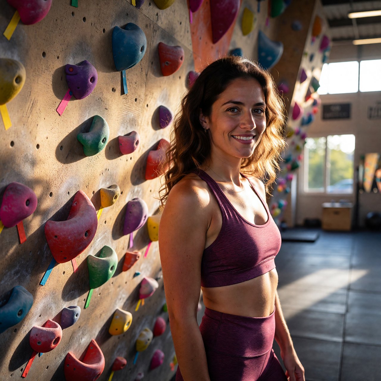 Editorial glamour photograph of an adult woman in a plum fitness set, pausing naturally beside a sunlit indoor climbing wall, flattering side light tracing colorful holds, loose curls and an easy, confident smile. — ImagineArt 1.5 Pro