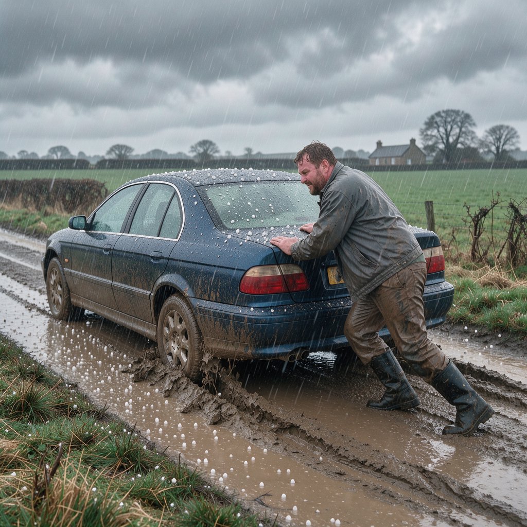 A man is pushing his car, which is stuck in the mud, amid heavy rain in the countryside. The sky is gloomy, and some hail is also falling on the car and the ground. The big man has mud all over his trousers. Show him struggling. — FLUX 3 Image